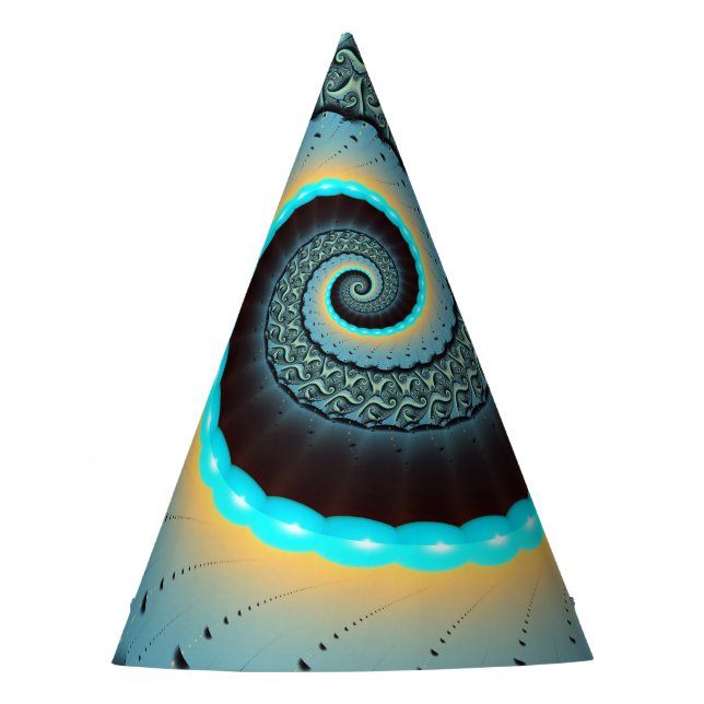 Abstract Blue Turquoise Orange Fractal Art Spiral Party Hat (Front)
