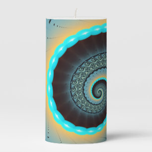 Abstract Blue Turquoise Orange Fractal Art Spiral Pillar Candle