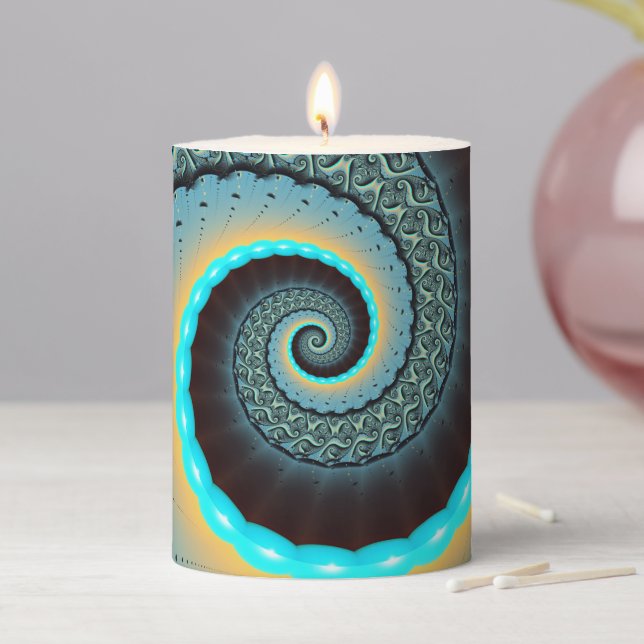 Abstract Blue Turquoise Orange Fractal Art Spiral Pillar Candle (In Situ)