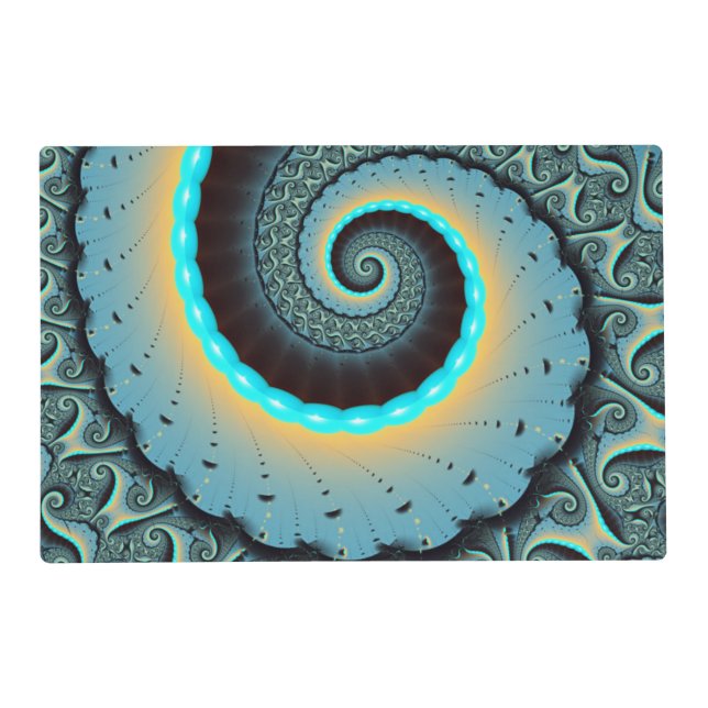 Abstract Blue Turquoise Orange Fractal Art Spiral Placemat (Front)