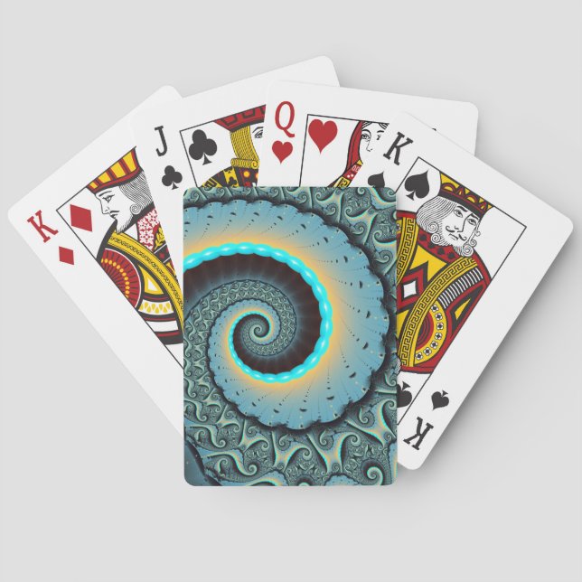 Abstract Blue Turquoise Orange Fractal Art Spiral Poker Cards (Back)