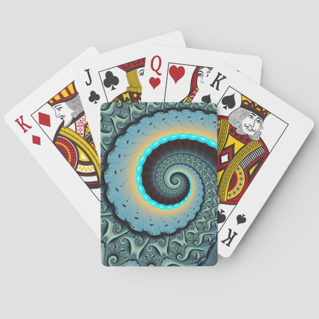 Abstract Blue Turquoise Orange Fractal Art Spiral Poker Cards (Back)