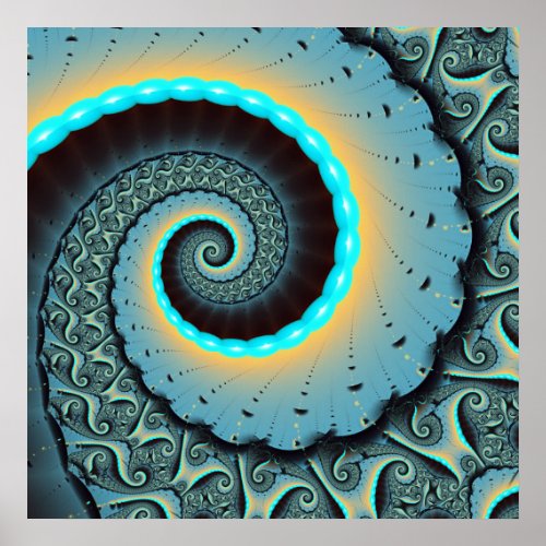 Abstract Blue Turquoise Orange Fractal Art Spiral Poster