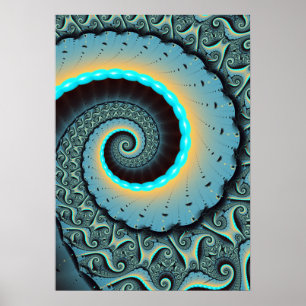 Abstract Blue Turquoise Orange Fractal Art Spiral Poster