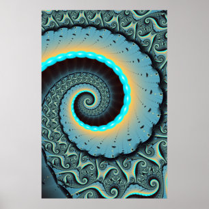 Abstract Blue Turquoise Orange Fractal Art Spiral Poster