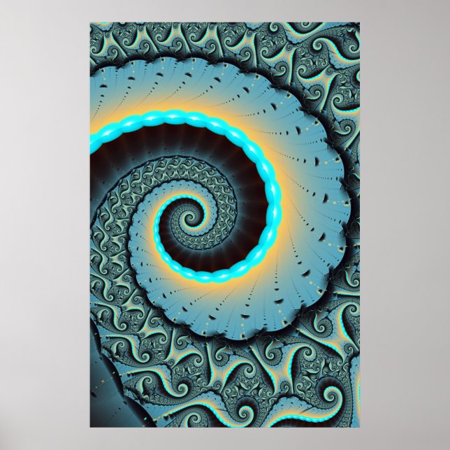 Abstract Blue Turquoise Orange Fractal Art Spiral Poster (Front)
