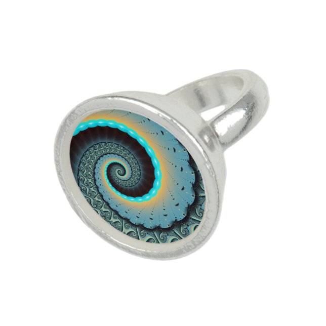 Abstract Blue Turquoise Orange Fractal Art Spiral Ring (Top)