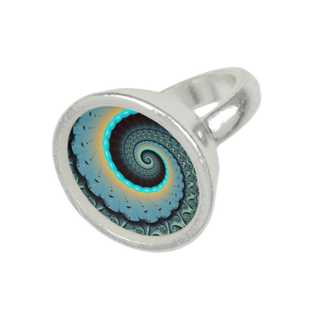 Abstract Blue Turquoise Orange Fractal Art Spiral Ring (Top)