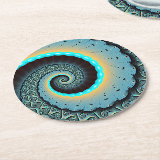 Abstract Blue Turquoise Orange Fractal Art Spiral Round Paper Coaster