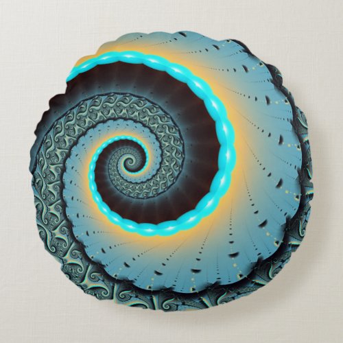 Abstract Blue Turquoise Orange Fractal Art Spiral Round Pillow