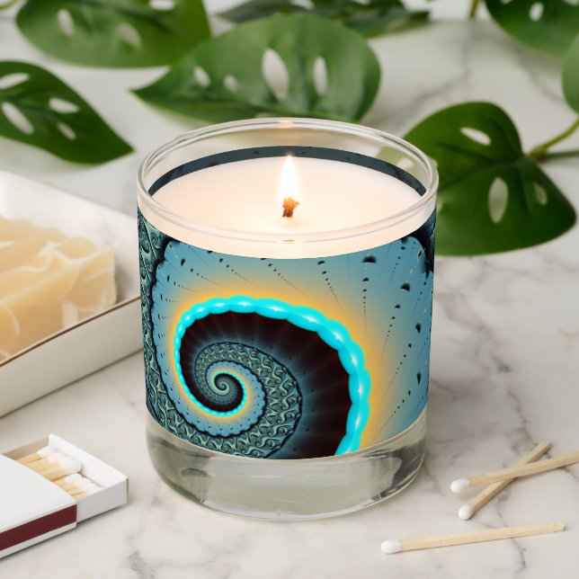 Abstract Blue Turquoise Orange Fractal Art Spiral Scented Candle (Lit)