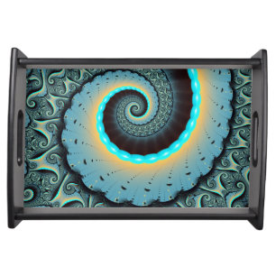 Abstract Blue Turquoise Orange Fractal Art Spiral Serving Tray