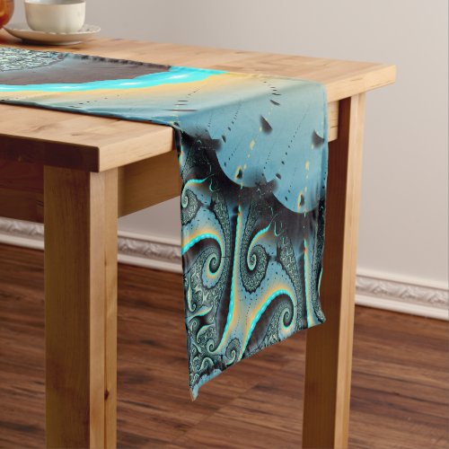 Abstract Blue Turquoise Orange Fractal Art Spiral Short Table Runner