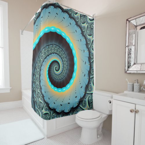 Abstract Blue Turquoise Orange Fractal Art Spiral Shower Curtain