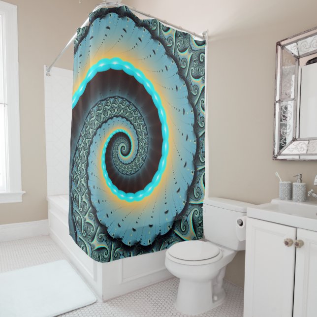 Abstract Blue Turquoise Orange Fractal Art Spiral Shower Curtain (In Situ)