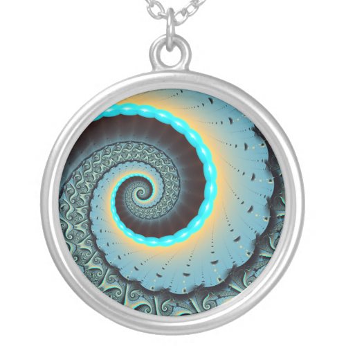 Abstract Blue Turquoise Orange Fractal Art Spiral Silver Plated Necklace