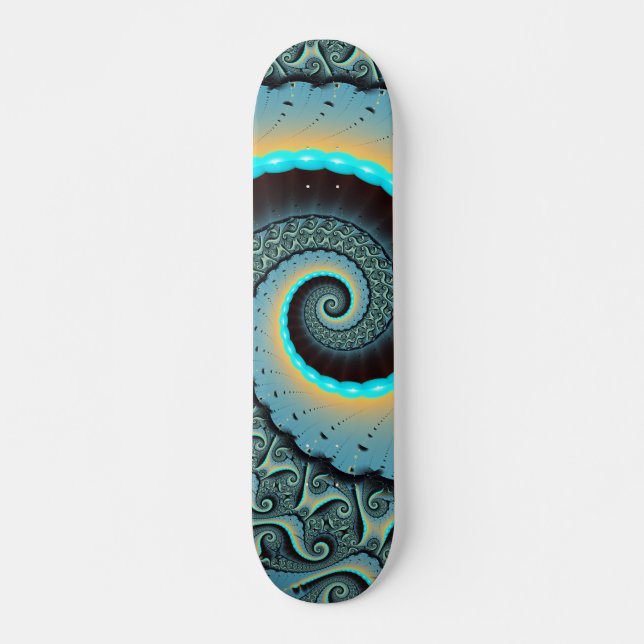 Abstract Blue Turquoise Orange Fractal Art Spiral Skateboard (Front)