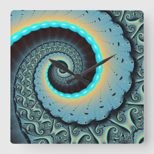 Abstract Blue Turquoise Orange Fractal Art Spiral Square Wall Clock