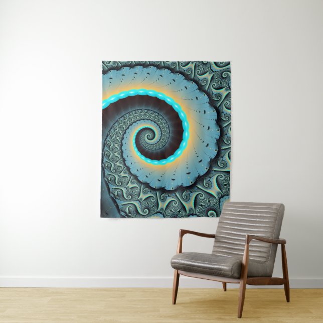 Abstract Blue Turquoise Orange Fractal Art Spiral Tapestry (In Situ)