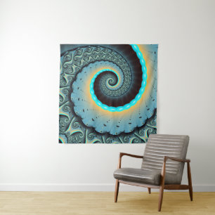 Abstract Blue Turquoise Orange Fractal Art Spiral Tapestry