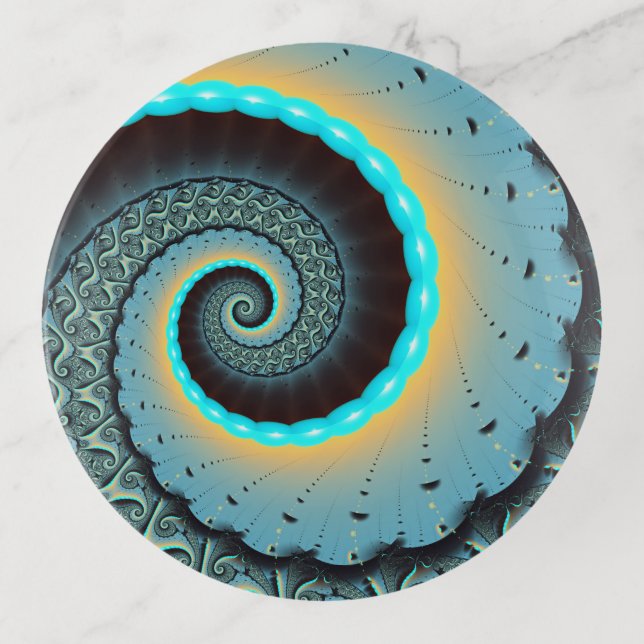 Abstract Blue Turquoise Orange Fractal Art Spiral Trinket Tray (Front)