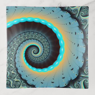 Abstract Blue Turquoise Orange Fractal Art Spiral Trinket Tray