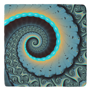 Abstract Blue Turquoise Orange Fractal Art Spiral Trivet