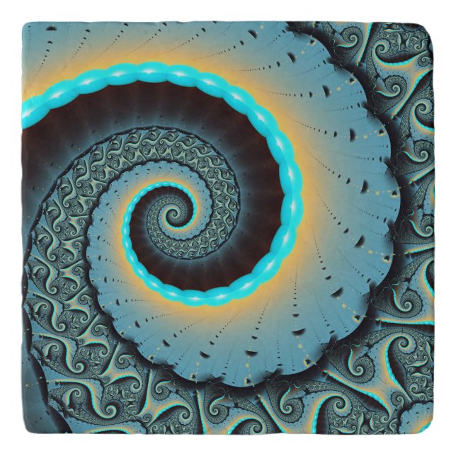 Abstract Blue Turquoise Orange Fractal Art Spiral Trivet (Front)