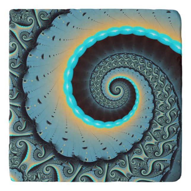 Abstract Blue Turquoise Orange Fractal Art Spiral Trivet (Front)