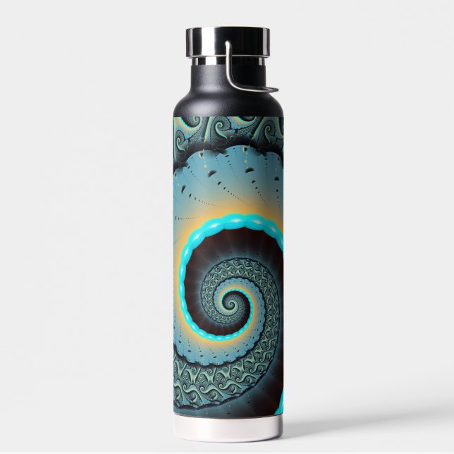 Abstract Blue Turquoise Orange Fractal Art Spiral Water Bottle (Left)