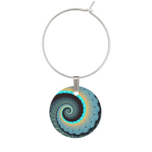 Abstract Blue Turquoise Orange Fractal Art Spiral Wine Charm
