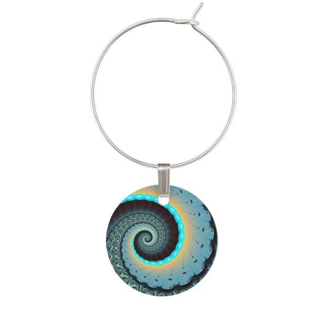 Abstract Blue Turquoise Orange Fractal Art Spiral Wine Charm (Front)