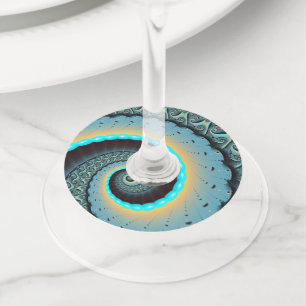 Abstract Blue Turquoise Orange Fractal Art Spiral Wine Glass Tag