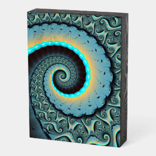 Abstract Blue Turquoise Orange Fractal Art Spiral Wooden Box Sign