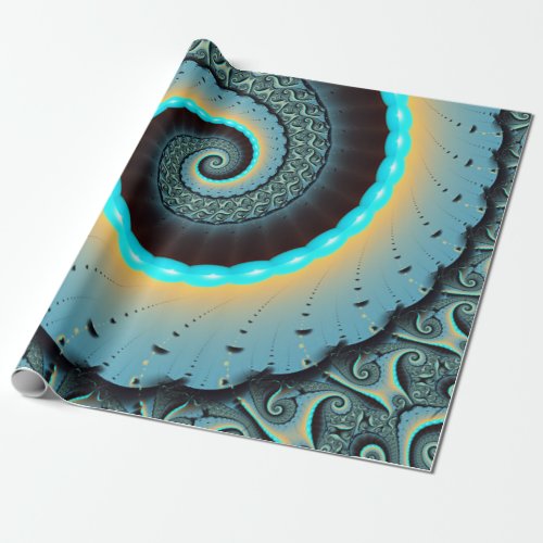 Abstract Blue Turquoise Orange Fractal Art Spiral Wrapping Paper