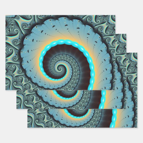 Abstract Blue Turquoise Orange Fractal Art Spiral Wrapping Paper Sheets