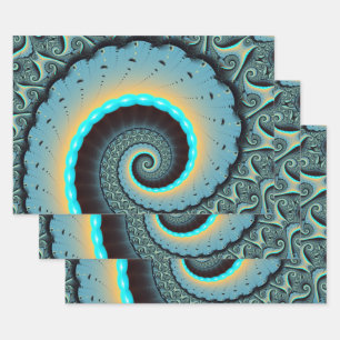 Abstract Blue Turquoise Orange Fractal Art Spiral Wrapping Paper Sheets