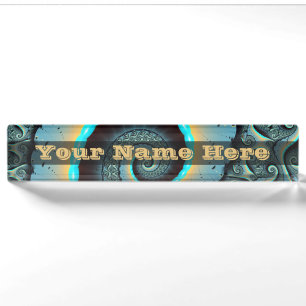 Abstract Blue Turquoise Orange Fractal Spiral Text Desk Name Plate