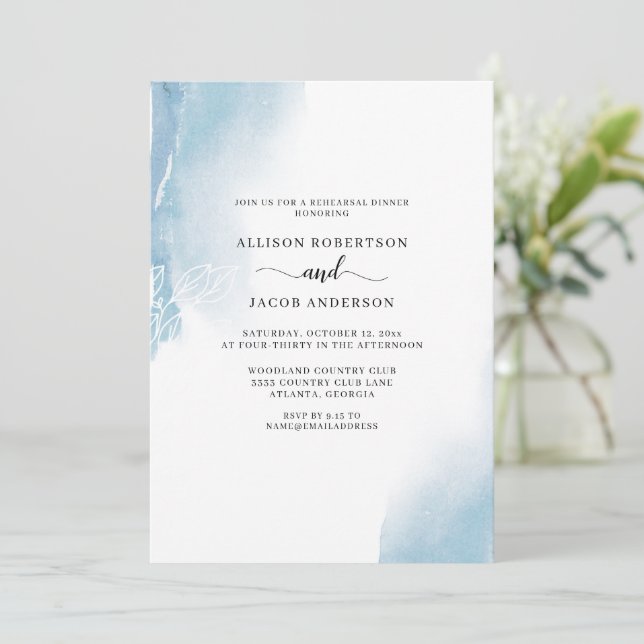 Abstract Blue Watercolor Floral Rehearsal Dinner Invitation (Standing Front)