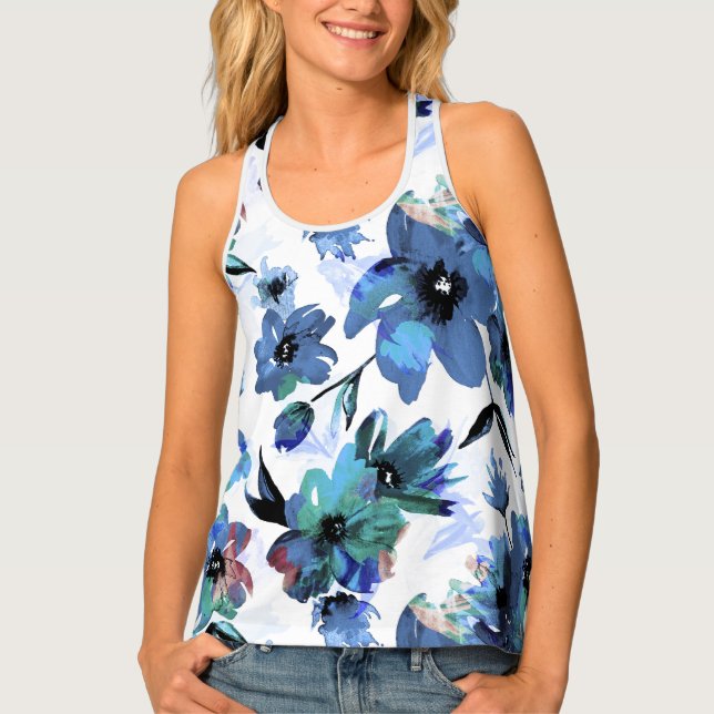 Abstract Blue Watercolor Floral Women's Tank Top (Front)