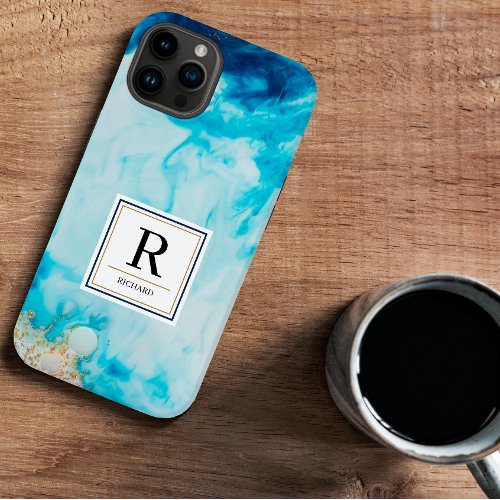 Abstract Blue Watercolor Gold Glitter Monogrammed Case_Mate iPhone 14 Case