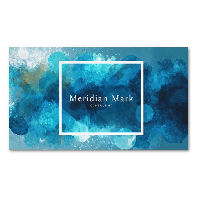 Abstract Blue Watercolor Gold Splatter Modern Business Card Magnet (Front)