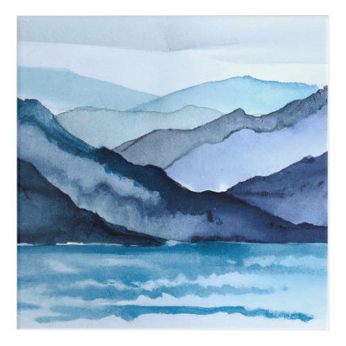 Abstract Blue Watercolor Landscape Mountains Ocean Acrylic Print