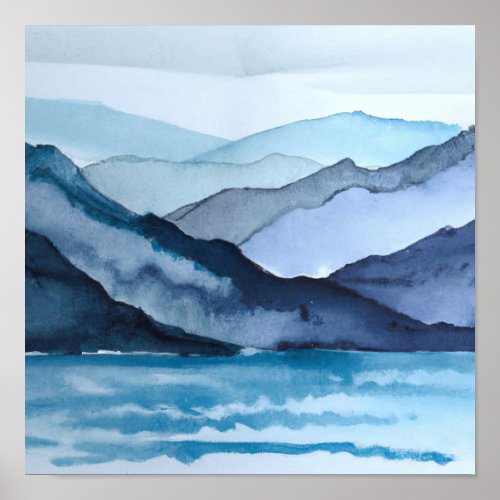 Abstract Blue Watercolor Landscape Mountains Ocean Poster