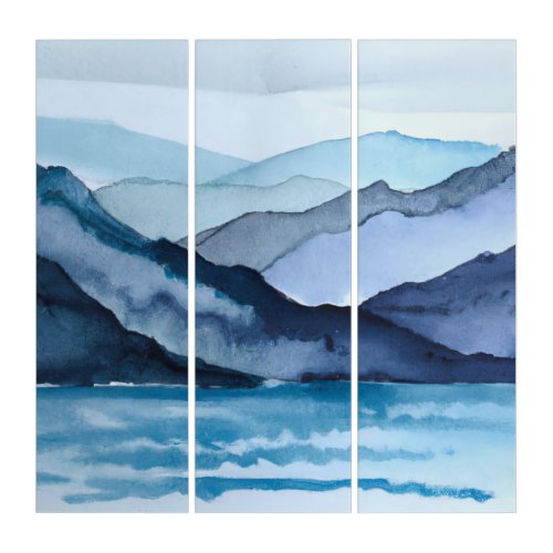 Abstract Blue Watercolor Landscape Mountains Ocean Triptych