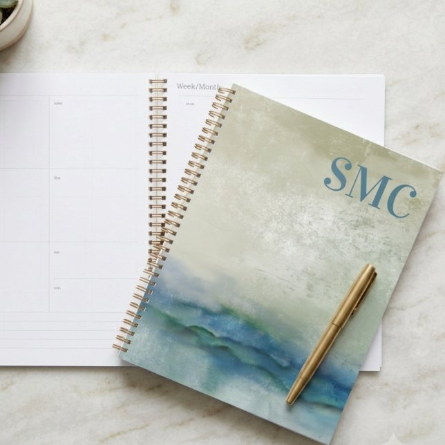 Abstract Blue Watercolor Monogram Planner (An abstract blue watercolor notebook with a monogram for a friend’s birthday or office refresh.)