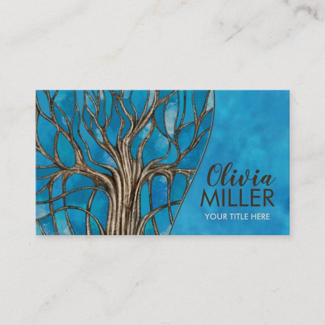 Abstract Blue Watercolor Mosaic Tree Business Card (Front)