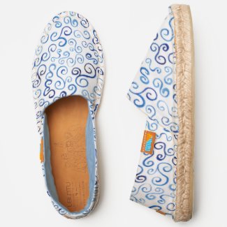 Abstract Blue Watercolor Scrolling Curves on White Espadrilles