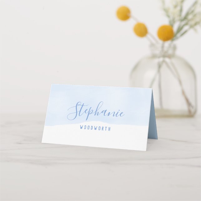 Abstract blue watercolour place card, baby shower place card (Front)