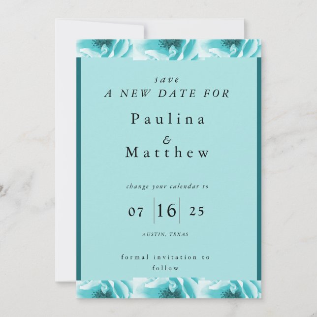 Abstract Blue & White Florals Change the Date Invitation (Front)